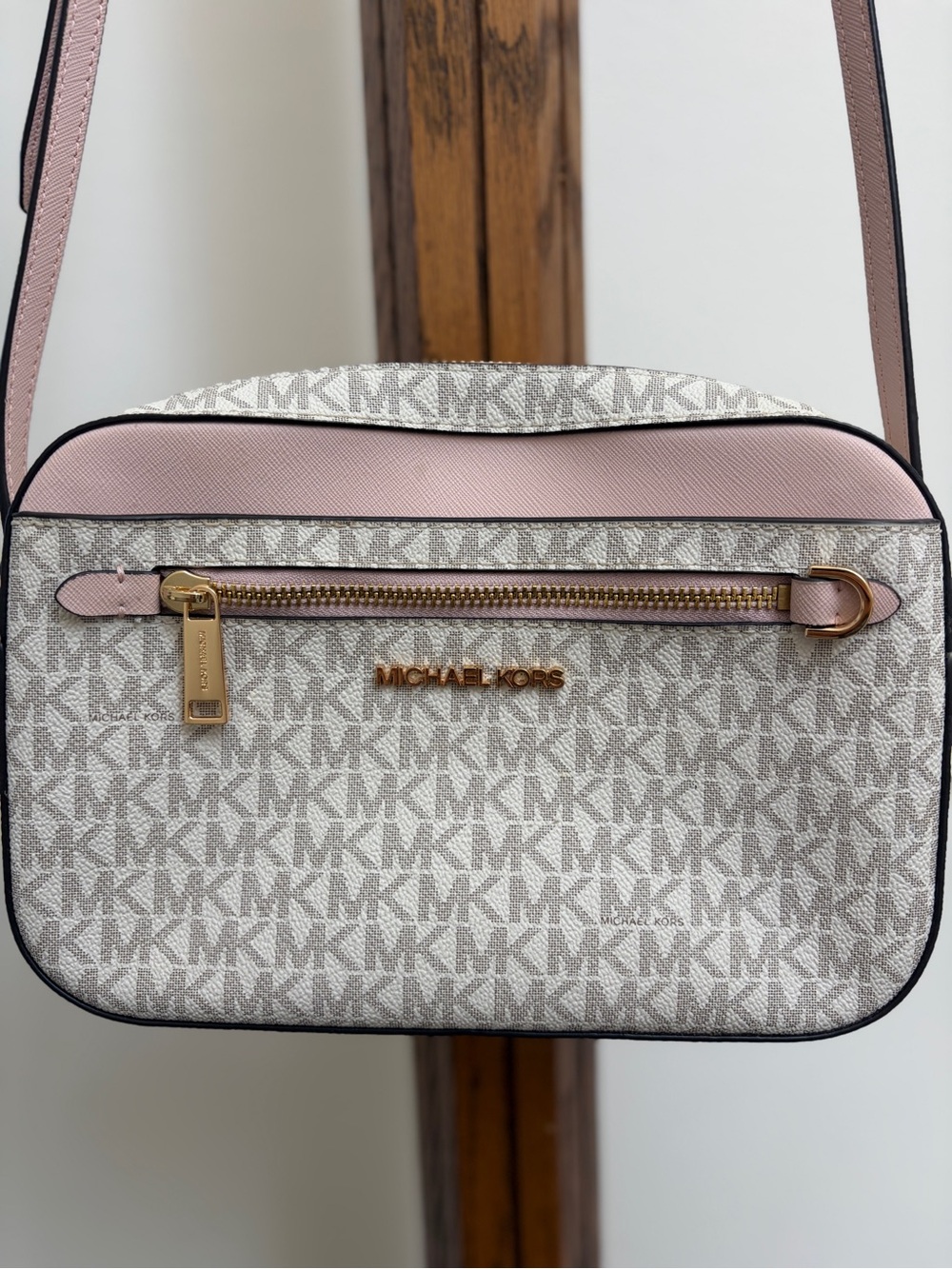 Michael Kors Beige Logo Crossbody with Pink Trim